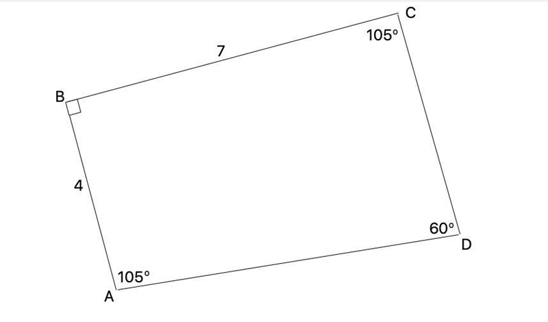 Construct a quadrilateral ABCD in which AB = 4 cm, BC = 7 cm, angle A = angle C = 105 degree-example-1