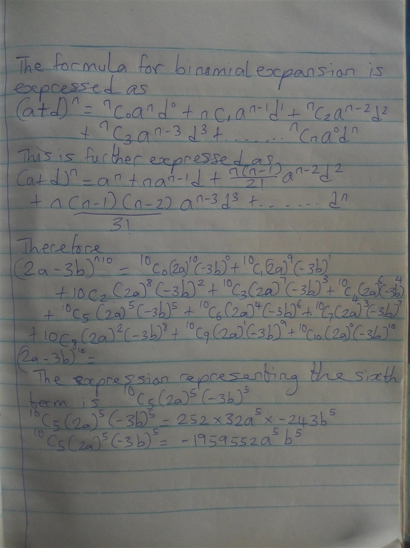 Which expressions represents the sixth term in the binomial expansion of (2a (2a-3b-example-1