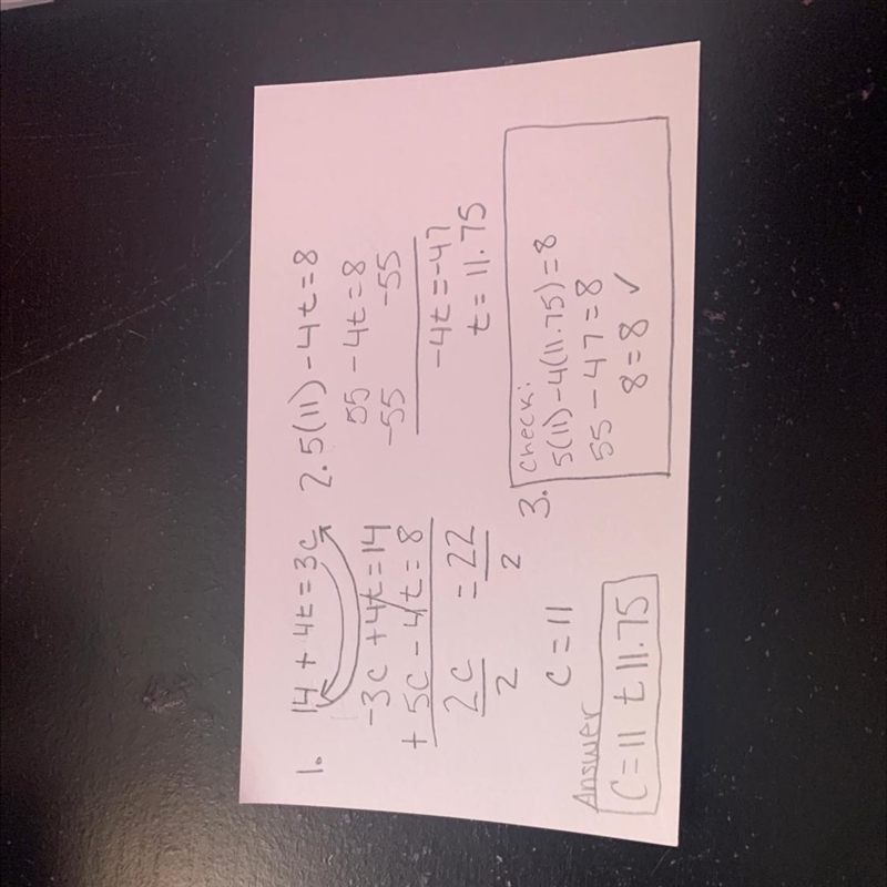 Solve each system by elimnination. 5c- 4t= 8 14 + 4t = 3c-example-1