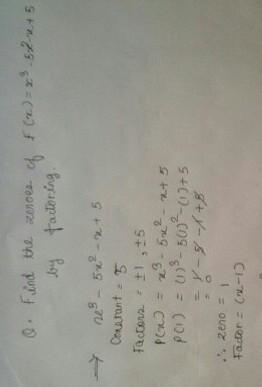 Find the zeros of f(x)=x^3-5x^2-x+5 by factoring-example-1