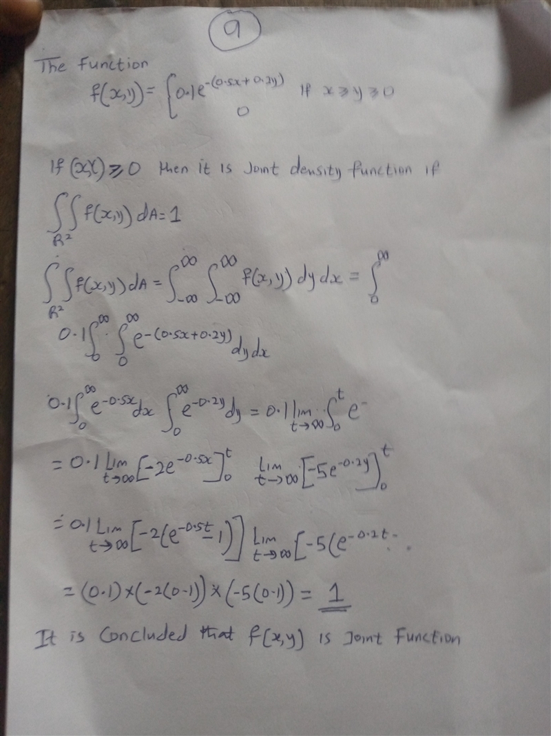 Suppose X and Y are random variables with joint density function. f(x, y) = 0.1e−(0.5x-example-1