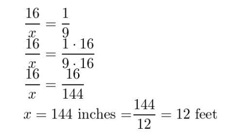 In pete's blueprint the legth of a side wall is 16 inches. find the actual length-example-1