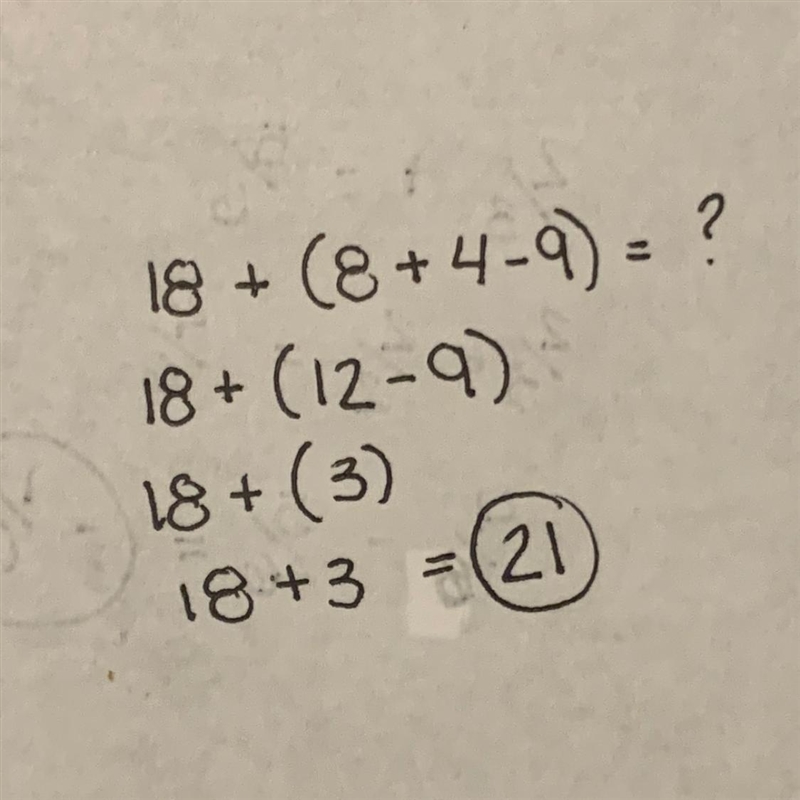 What is 18+ (8+4-9)= Please show step by step-example-1