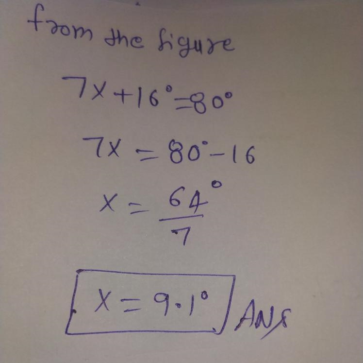 Find the value of x. (7x + 16) 80° The value of x is-example-1