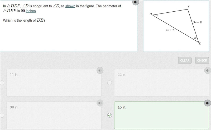 In △DEF, ∠D is congruent to ∠E, as shown in the figure. The perimeter of △DEF is 90 inches-example-1