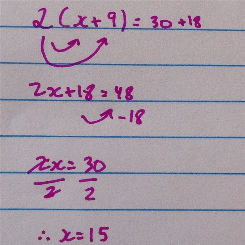 Find the value of x x that makes the expressions equivalent. 2(x+9); 30+18-example-1