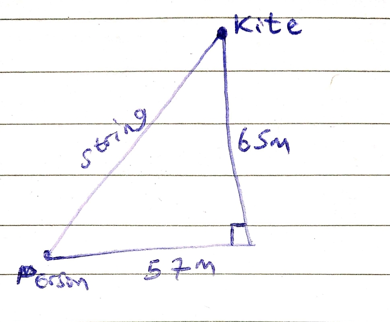 A kite is flying so that it is 65 m high and above a point 57m from the person holding-example-1