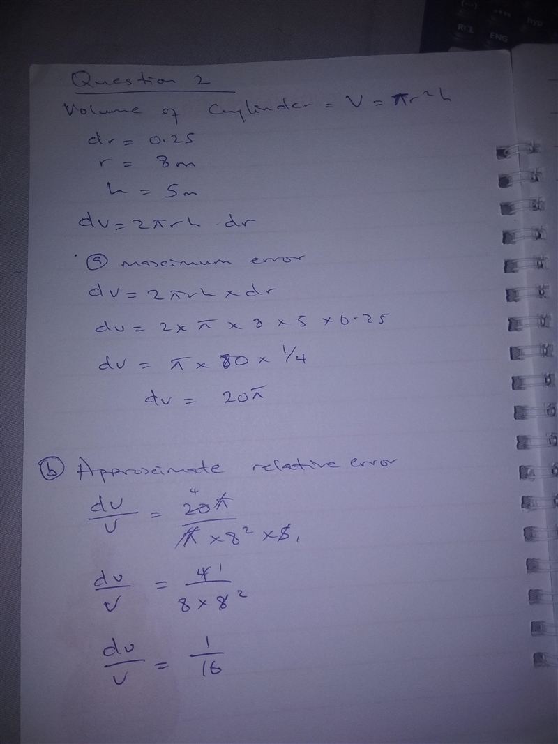 [The volume of a circular cylinder of height h and radius r is given by V = pir^2h-example-2