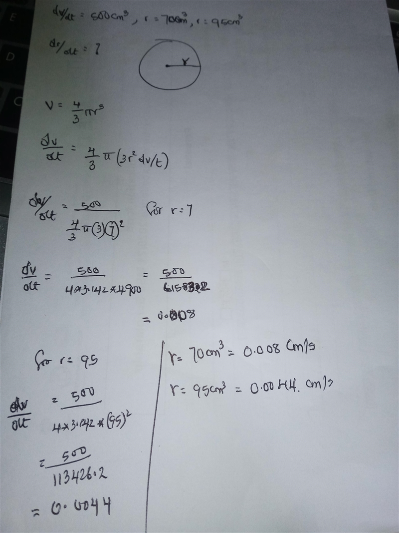 A spherical balloon is inflated with gas at a rate of 500 cubic centimeters per minute-example-1