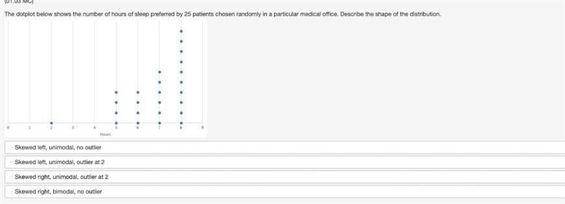 6. (01.03 MC) The dotplot below shows the number of hours of sleep preferred by 25 patients-example-1