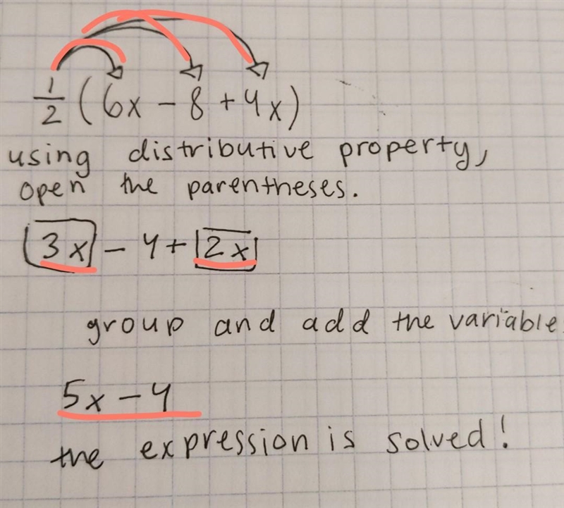 Write and expression equivalent to - 1/2(6x-8+4x please help-example-1