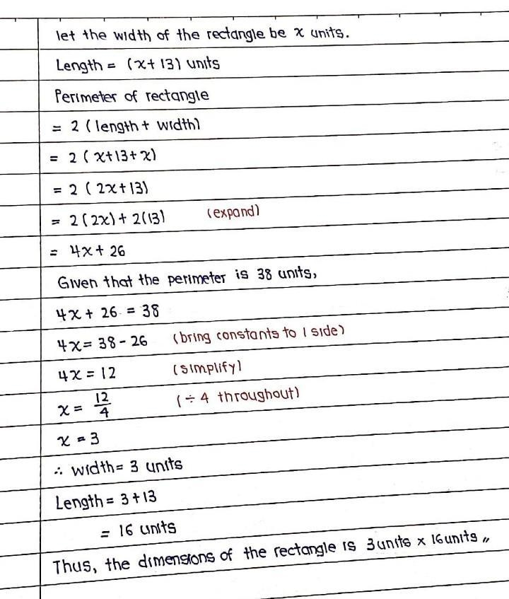 The perimeter of a rectangle is 38 units. The length is 13 units longer than the width-example-1