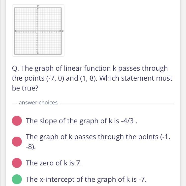 The graph of the linear function k passes through points (-7,0) and ((1,8)-example-1