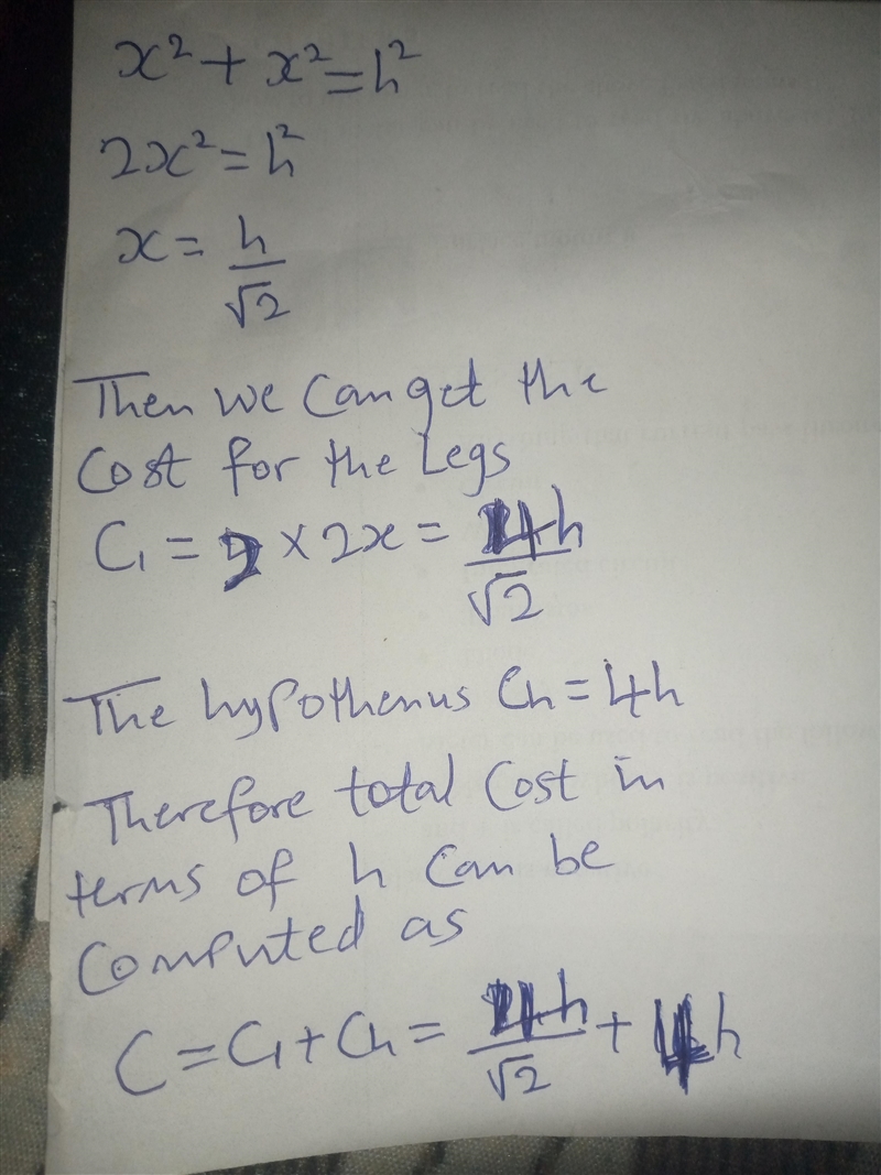 A pen in the shape of an isosceles right triangle with legs of length x ft and hypotenuse-example-1