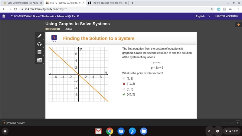 The first equation from the system of equations is graphed. Graph the second equation-example-1