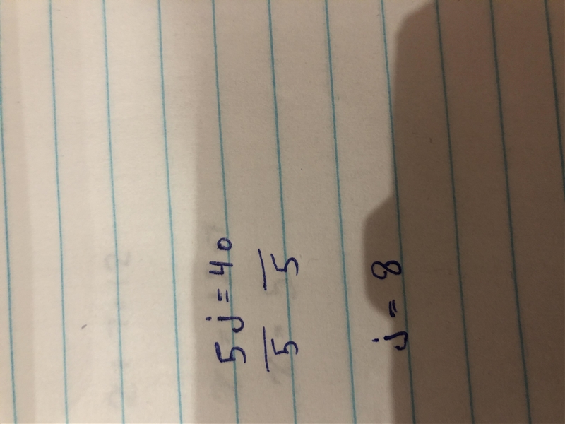 What is the most efficient way to solve the equation? 5j = 40 ○Divide both sides of-example-1