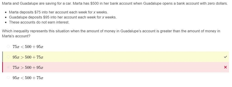 Marta and Guadalupe are saving for a car. Marta has $500 in her bank account when-example-1