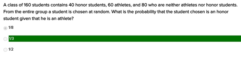 A class of 160 students contain 40 honor students, 60 athletes, and 80 who are neither-example-1