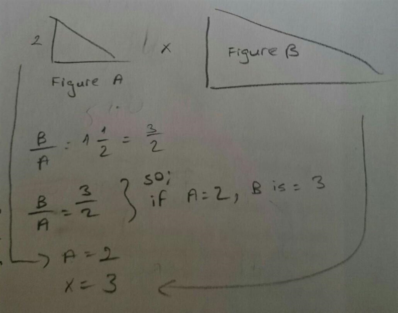 Please help! Figure A maps to Figure B with a scale factor of 1 1/2 What is the value-example-1