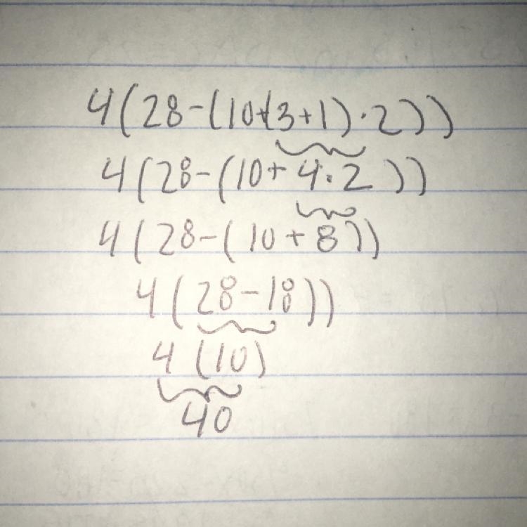 Simplify the problem 4{28-[10+(3+1)×2]}-example-1