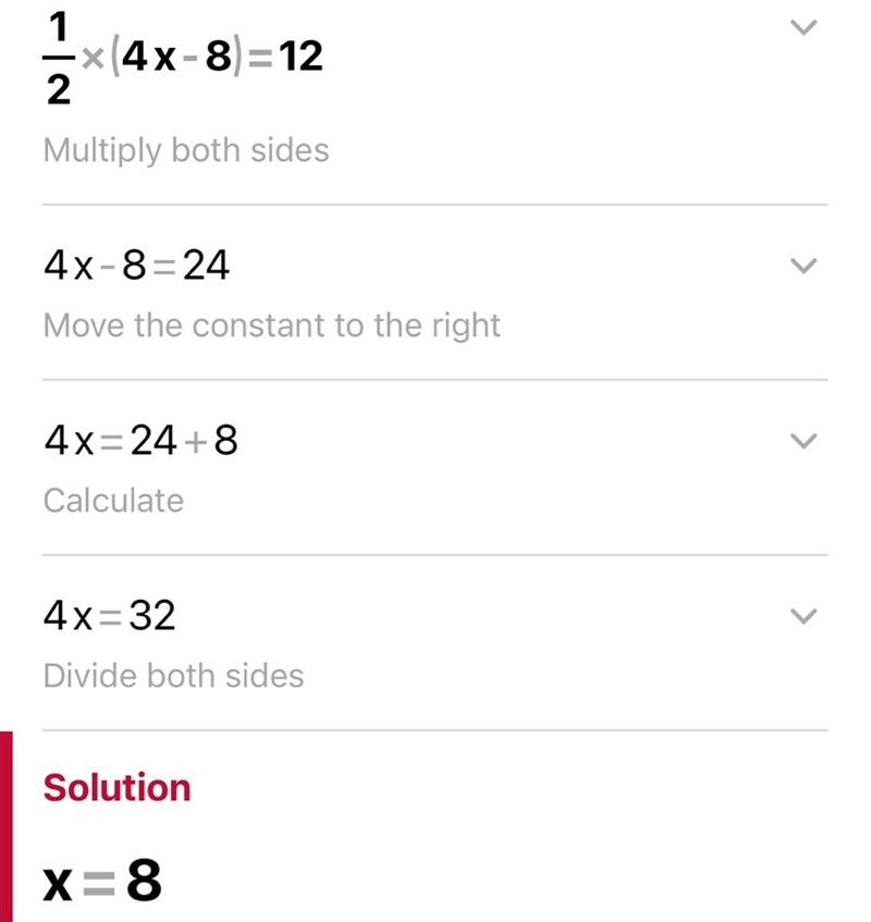 Multi step equations with fractions 1/2(4x-8)=12 Plz asap can y’all explain step by-example-1