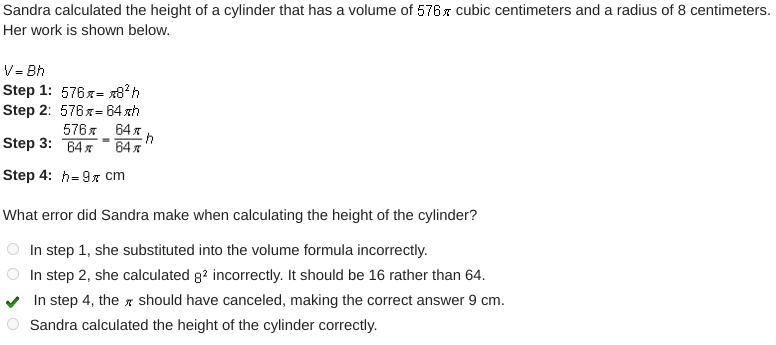 Sandra calculated the height of a cylinder that has a volume of 576 pi cubic centimeters-example-1