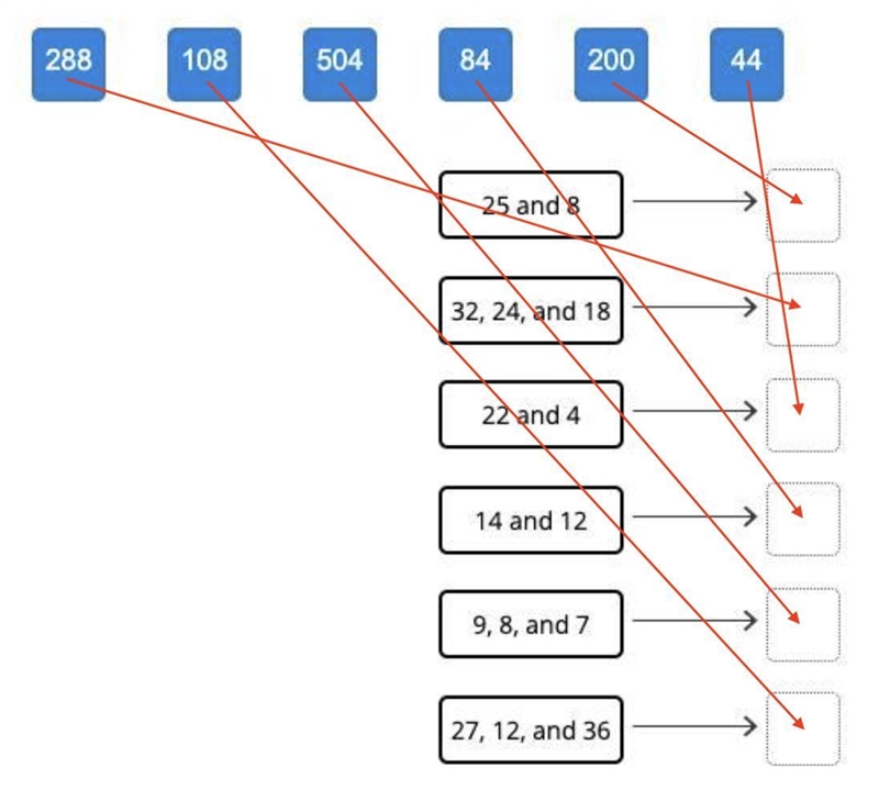 Match each set of numbers with their least common multiple.-example-1