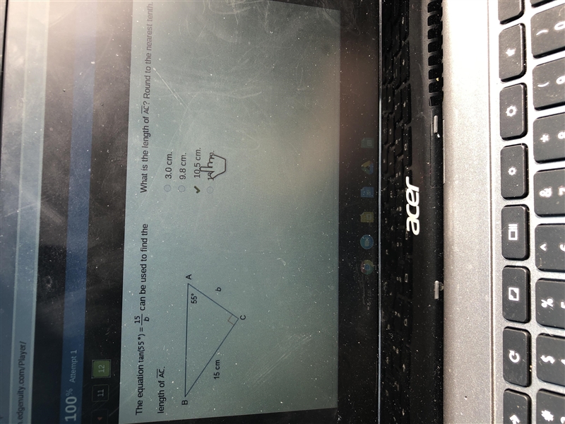 What is the length of AC? Round to the nearest tenth. 3.0in 9.8in 10.5in 12.8in-example-1