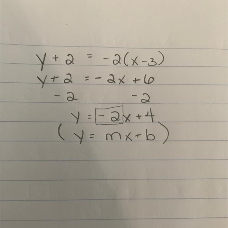 What is the slope of y + 2 = -2(x-3)-example-1