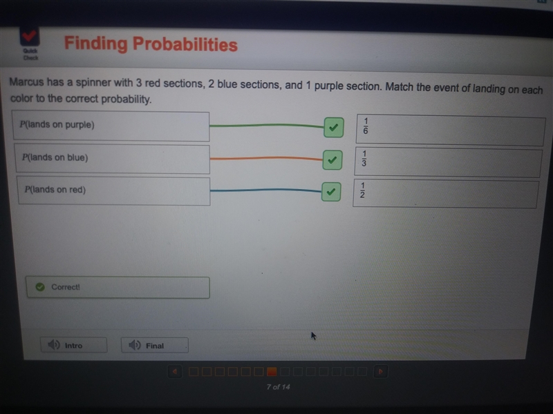 marcus has a spinner with 3 red sections, 2blue sections, and 1 purple section match-example-1