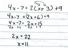 Solve for x 4x-7=2(x+3)+9 i need explanation-example-1