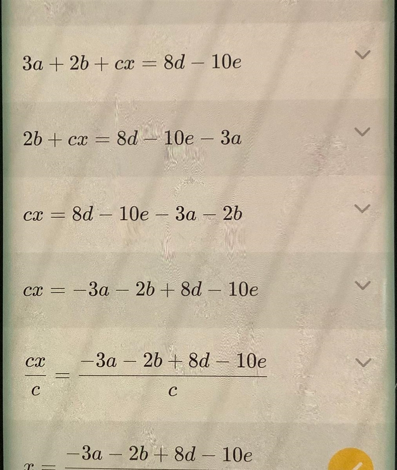 3a+2b+cx=2(4d-5e) how do i find x?-example-1