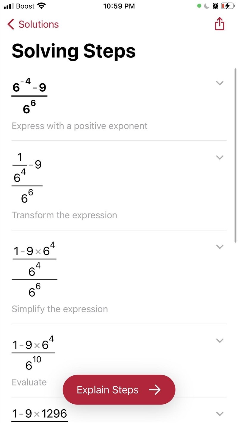 What is the simplified form of this expression (6^-4)-9 over 6^6-example-1