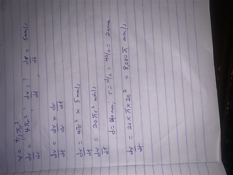 The radius of a sphere is increasing at a rate of 5 mm/s . How fast is the volume-example-1