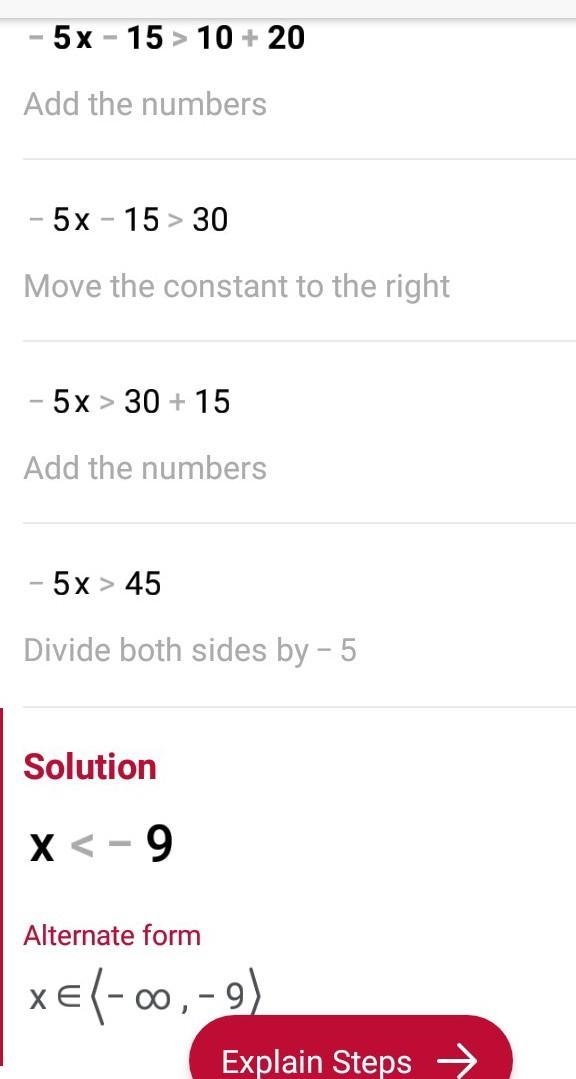 What value of x in the solution set of -5×-15>10+20​-example-1