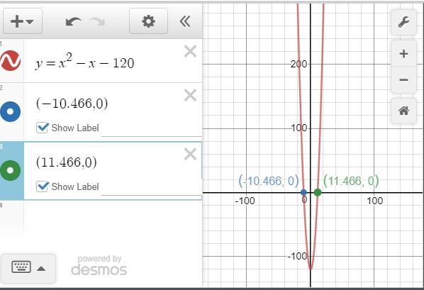 What are the x-intercepts of the function y = x2-x-120? Check all that apply. 0 (-120,0) 0 (-11.466, 0) O-example-1