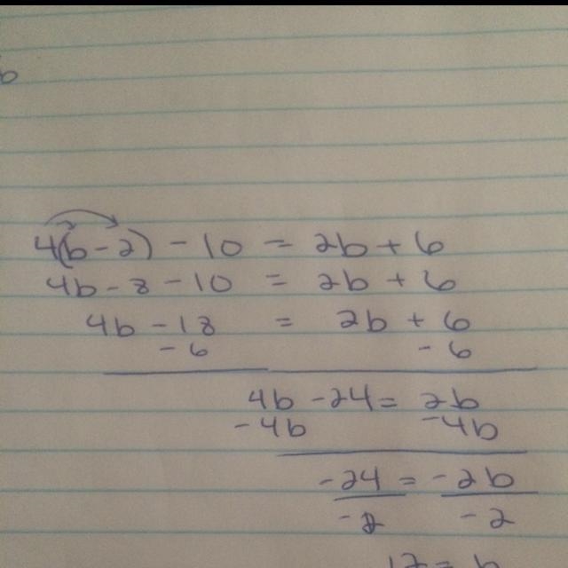 What is the solution to the equation 4(b - 2) - 10 = 2b + 6 A ) b = 4 B) b = 3.3 C-example-1