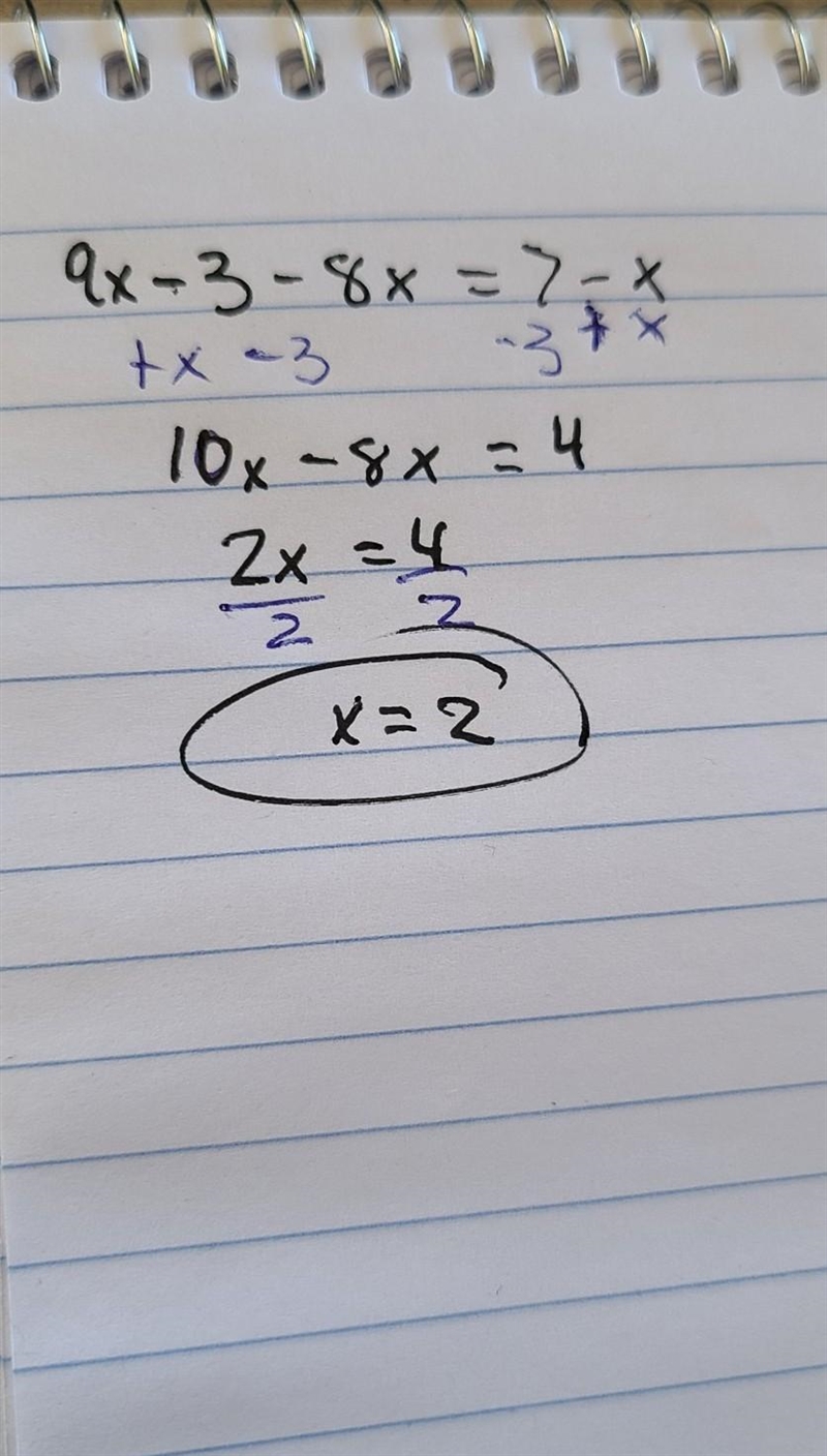 9x - 3 -8x = 7 - x what is x Please answer ASAP, is urgent!!-example-1