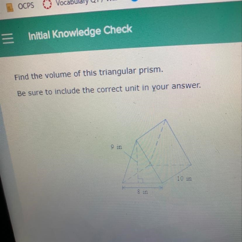 Find the volume of this triangular prism. Be sure to include the correct unit in your-example-1