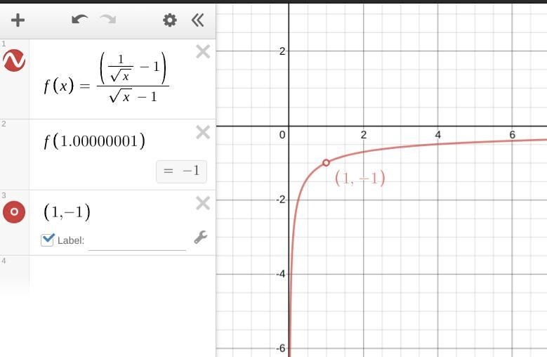 Evaluate lim \: ( (1)/( √(x) ) - 1)/( √(x) - 1) \: as \: x \: approaches \: 1 ​-example-1