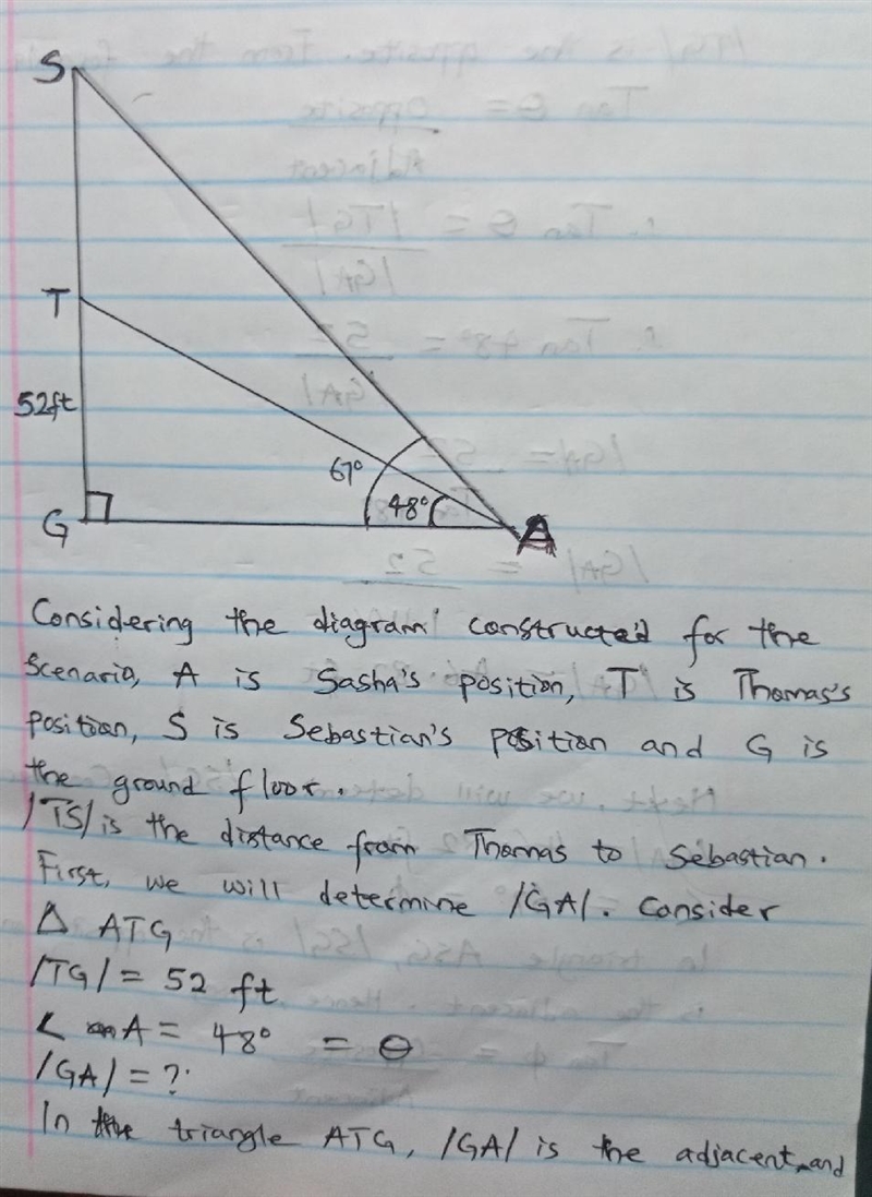 Sasha is outside of a building. She sees Thomas on the 4th floor at an angle of elevation-example-1