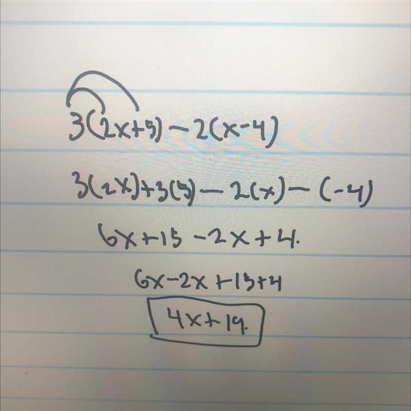 Expand and simply 3(2x+5) - 2(x-4)-example-1