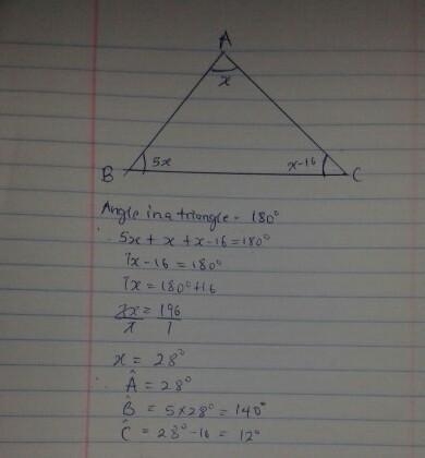 In triangle ABC, the size of angle B is 5 times the size of angle A, and the size-example-1