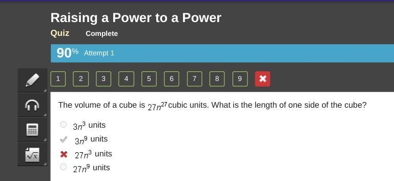 The volume of a cube is 27 n Superscript 27cubic units. What is the length of one-example-1