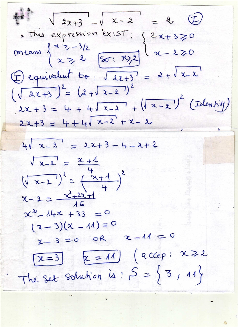 √(2x + 3 ) - √(x - 2) = 2 find x ​-example-1