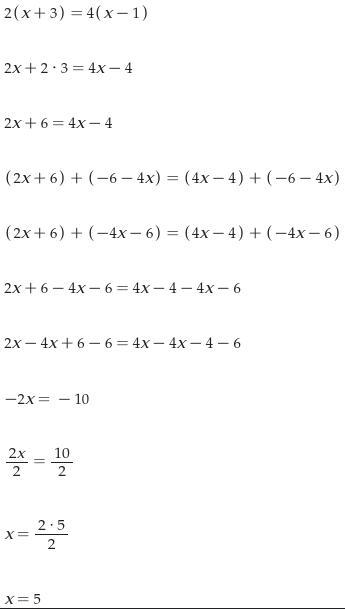 What is the value of x in the equation 2(x+3) = 4(x-1)? O 1 02 0 3 O 5-example-1