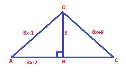 A perpendicular bisector intersects line segment A C at point B. The bisector also-example-1