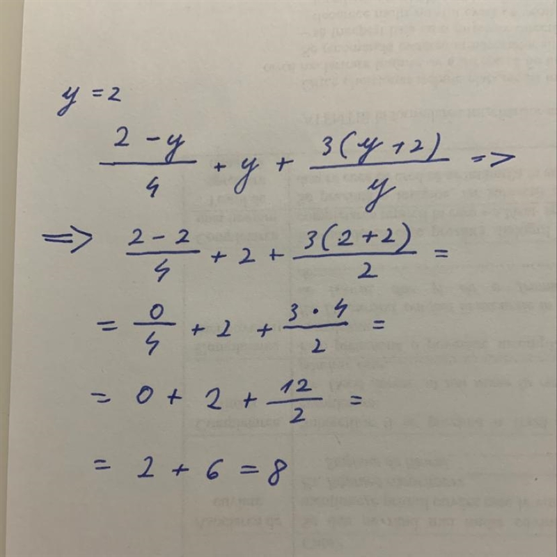 What is the value of the expression when y=2? 2-y/4+y + 3(y + 2)/ y-example-1