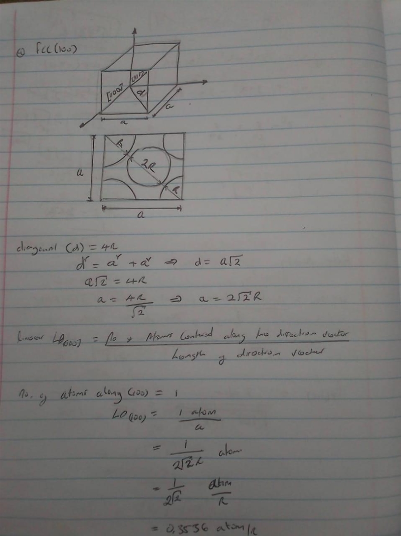 Derive linear density expressions for FCC [100] and [111] directions in terms of the-example-1