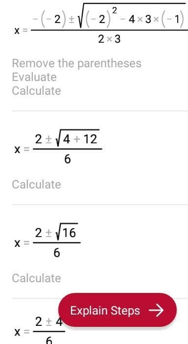 3 x² - 2x-1=0 solve using quadratic formula-example-1